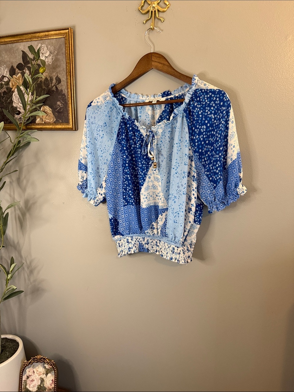 Rose & Olive Blue Patchwork Floral Peasant Blouse - Picture 4 of 7